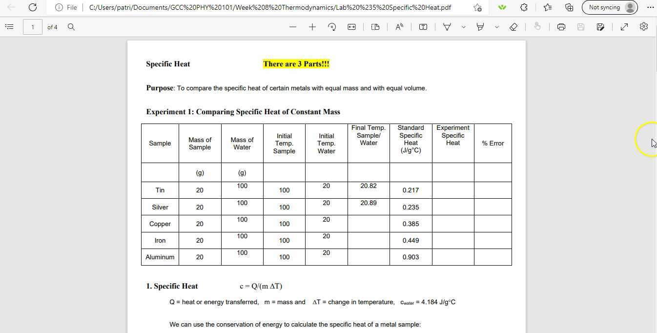PHY101 Lab 5 Specific Heat and Calorimetry