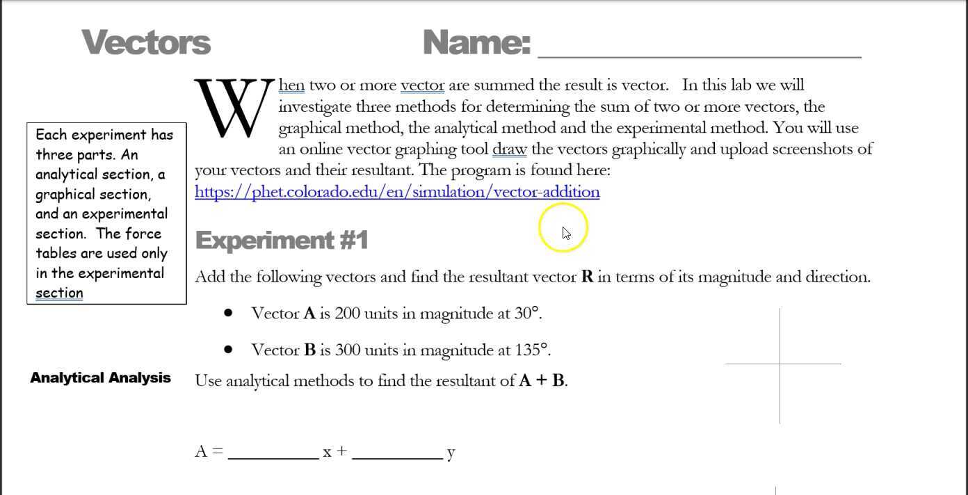 PHY111 Lab #3 Vectors Part A Analytical