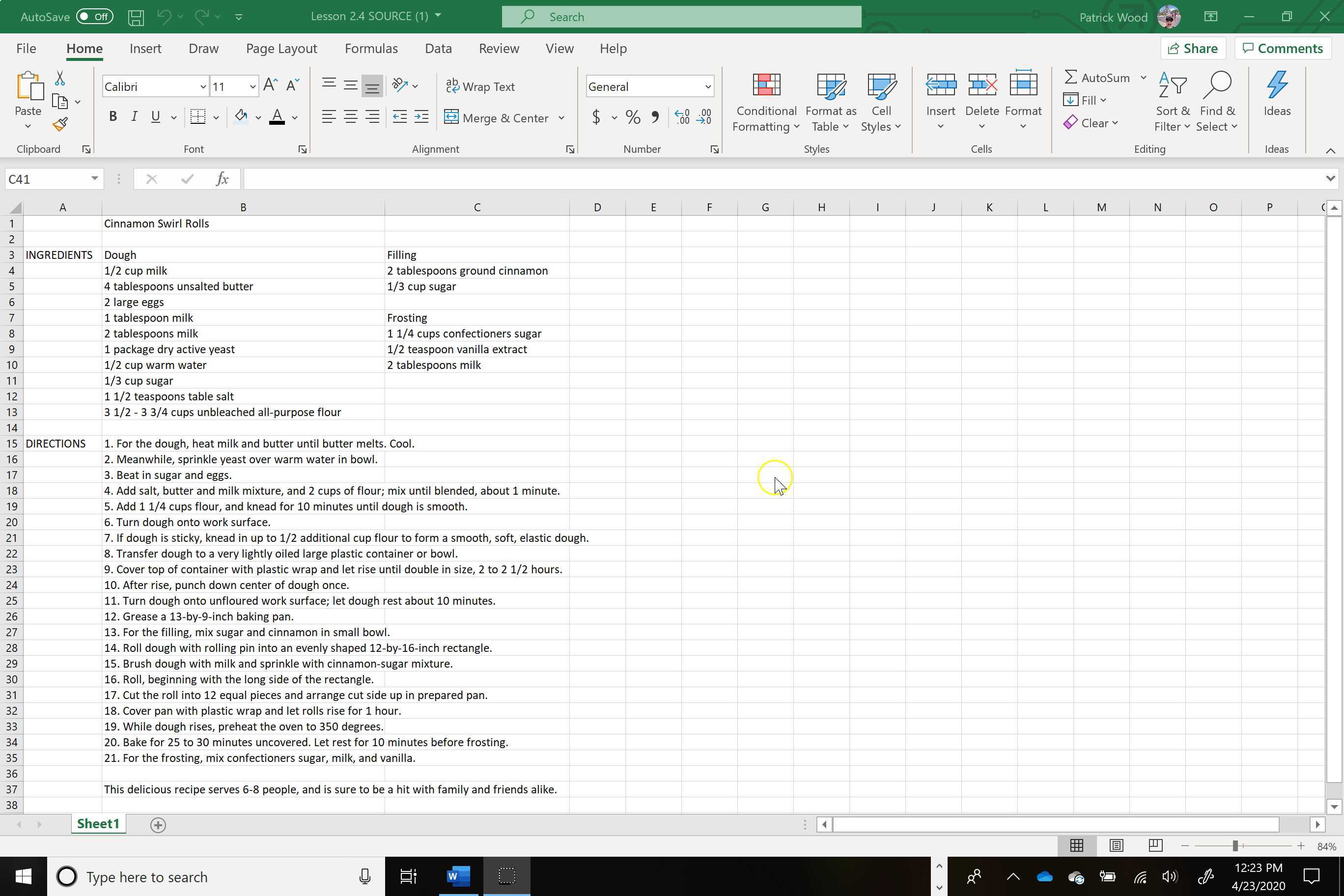 Excel Lesson 2.4 Instructions