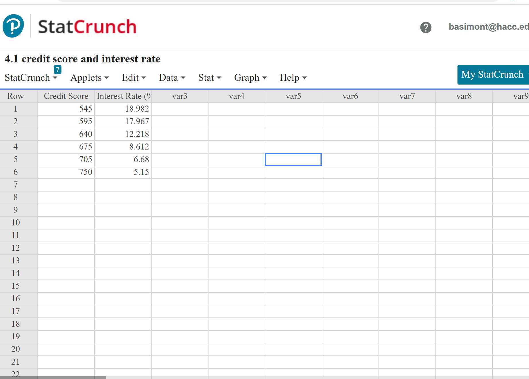 Coefficient of Determination in StatCrunch