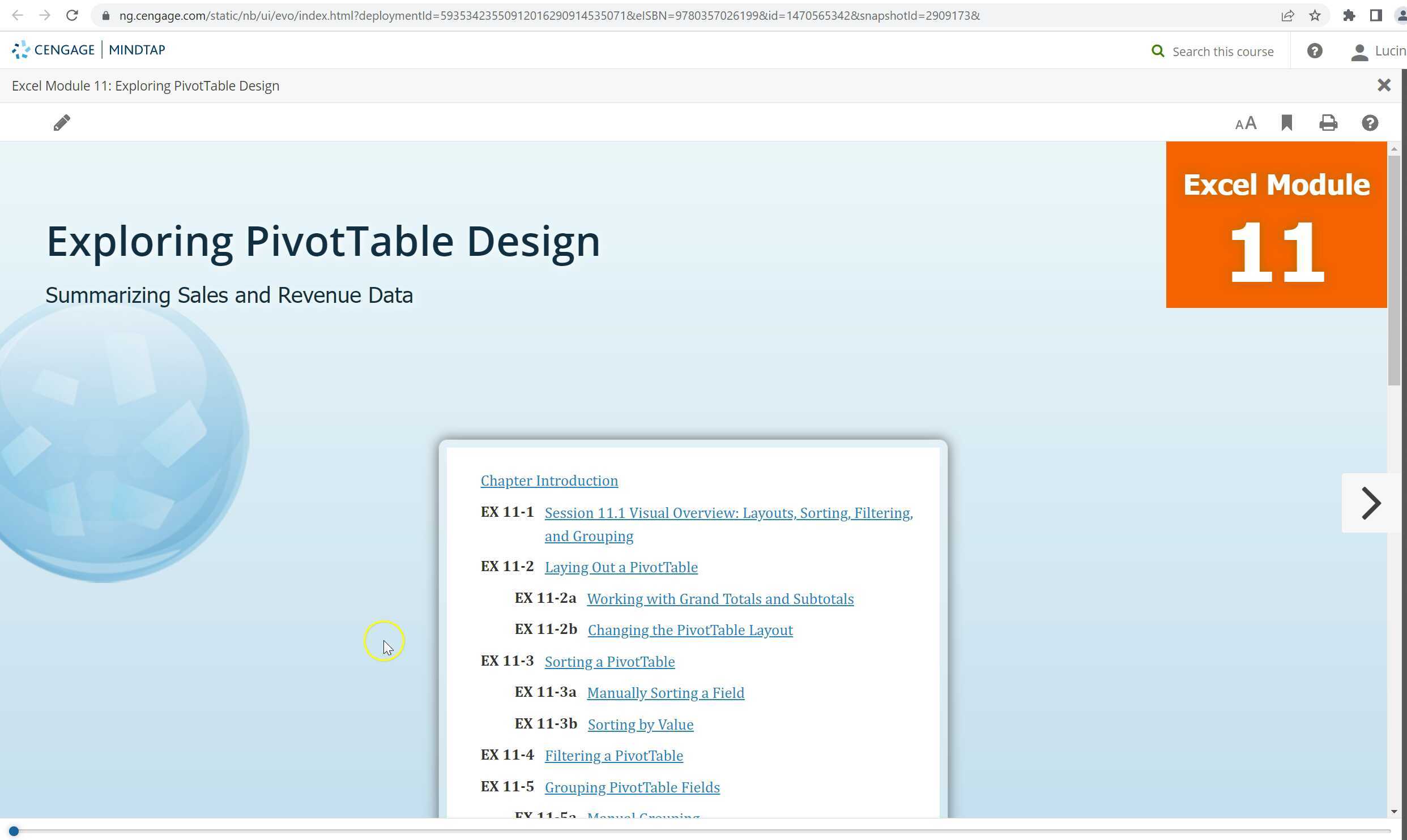 Module 11 Begin eBook Example Create PivotTable of motel revenue
