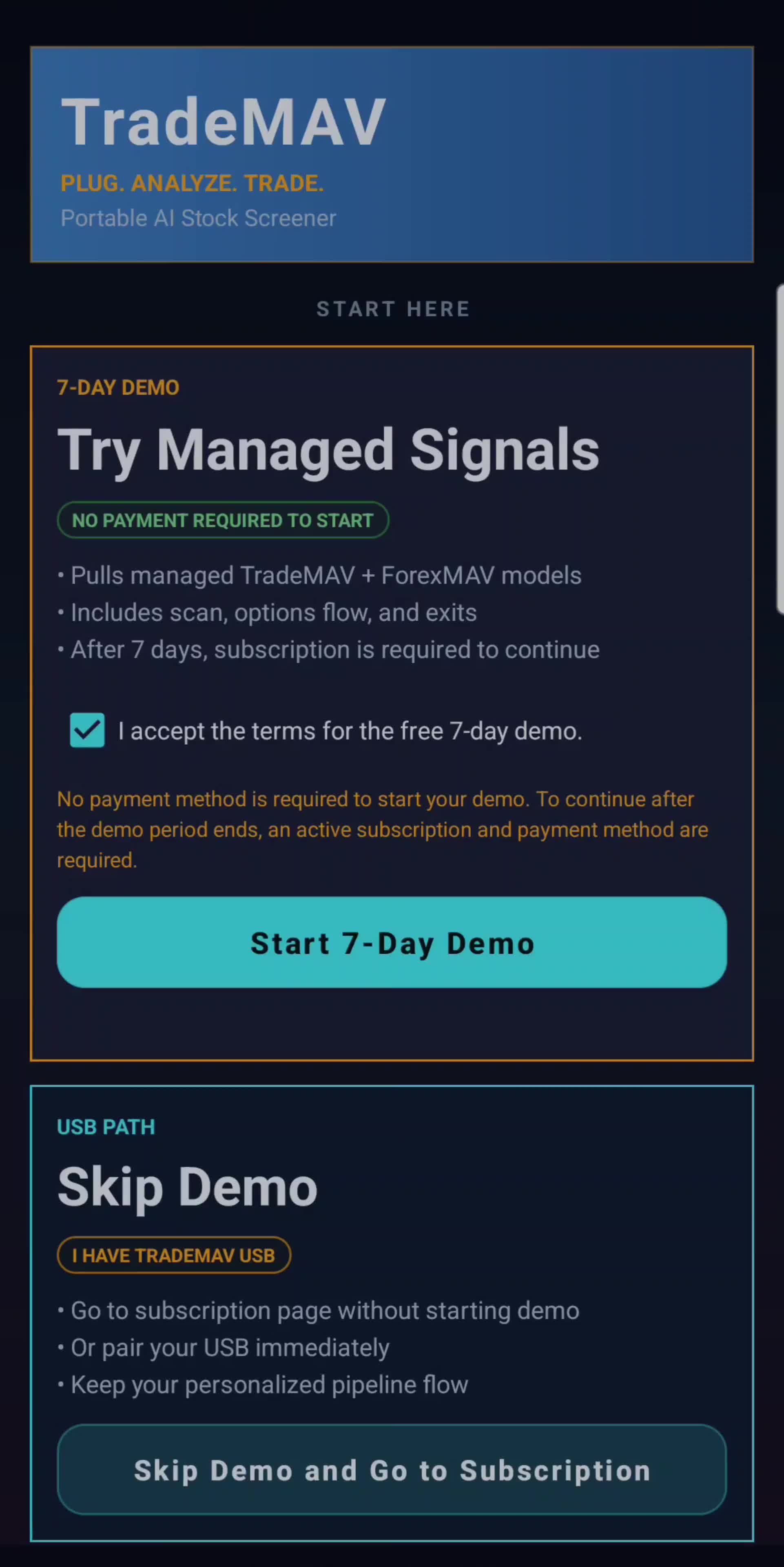TradeMAV App starting Demo
