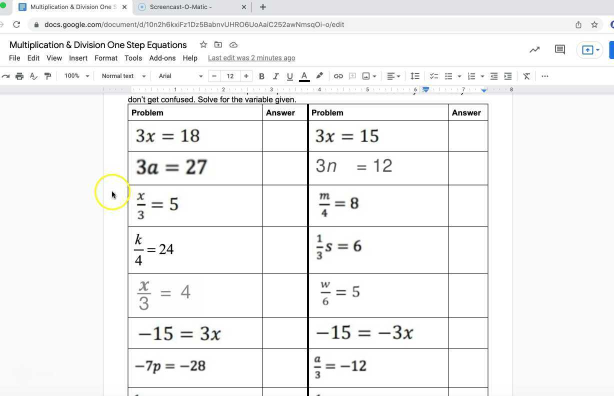 Multiplication And Division One Step Equations Pdf