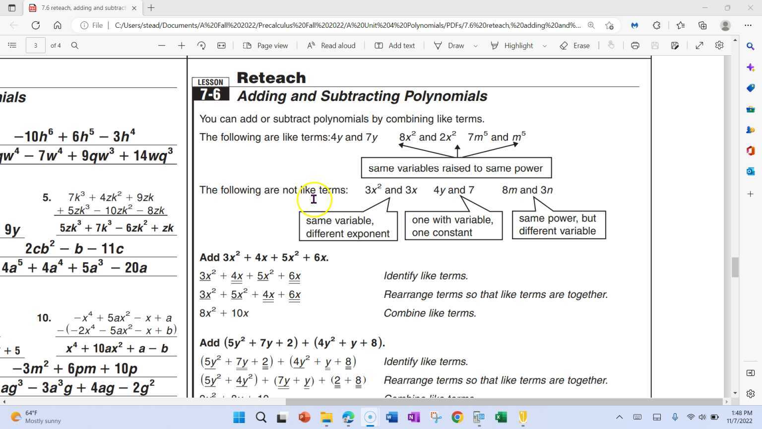 Adding, subtracting polynomials