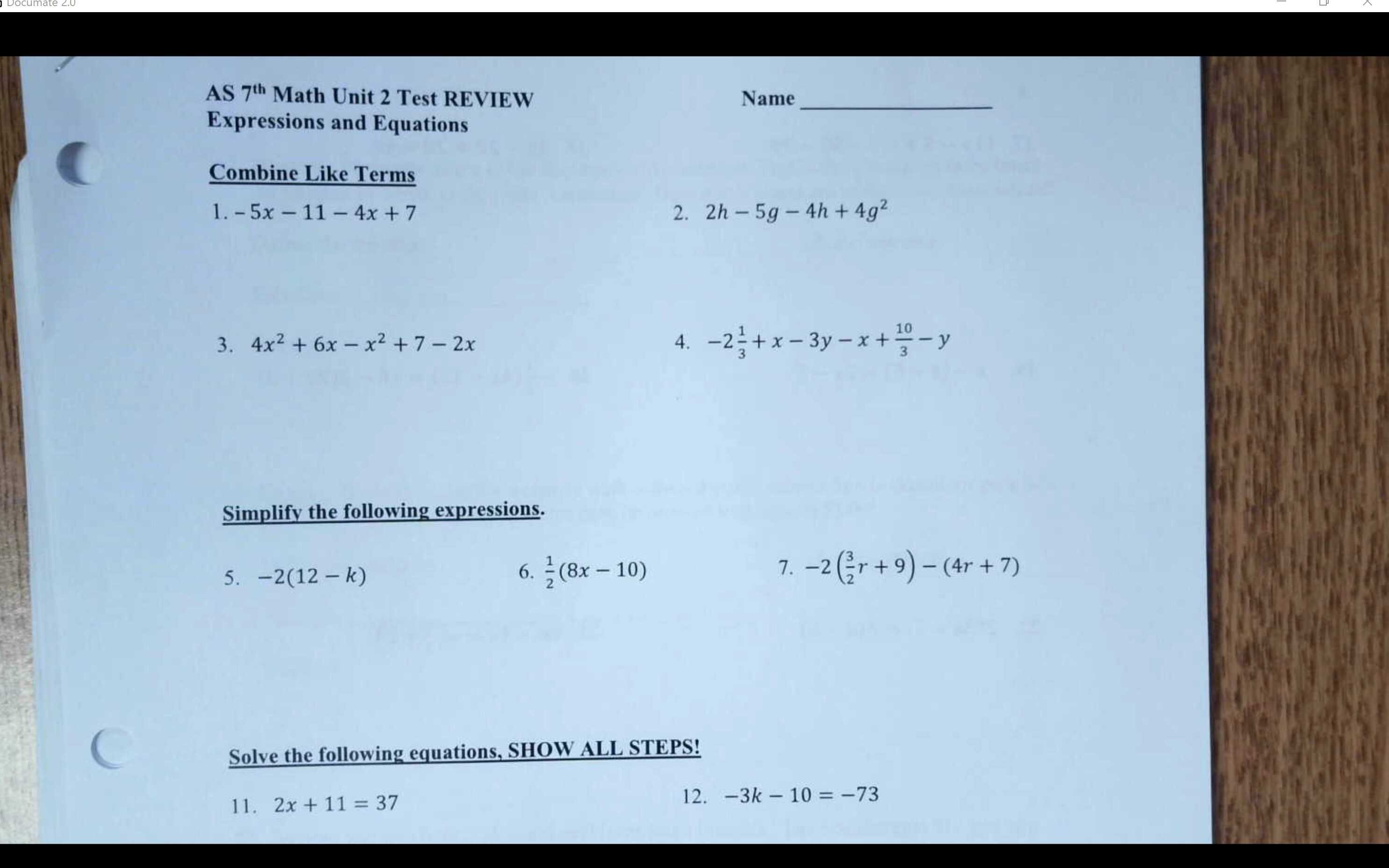 AS Math Unit 2 Test Review Answers