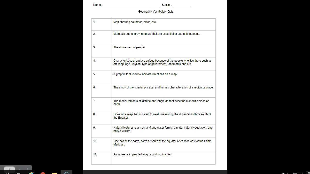 8th grade geography vocabulary quiz