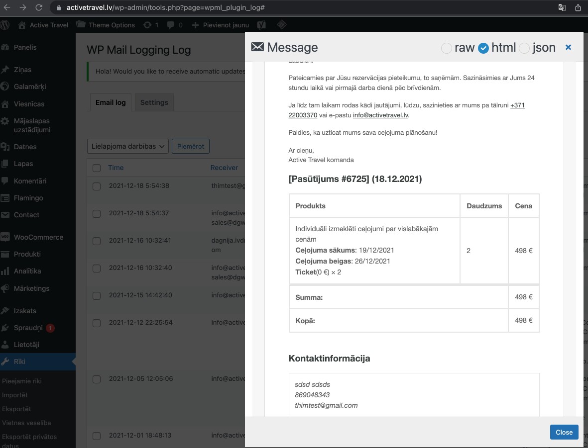 Snip - WP Mail Log ‹ Active Travel — WordPress