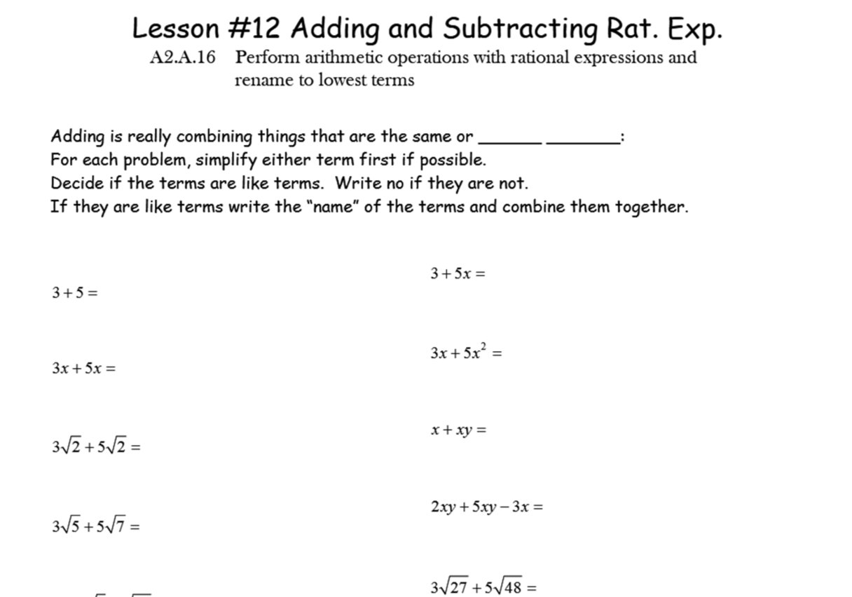 Lesson 12a Adding And Subtracting Rational Expressions
