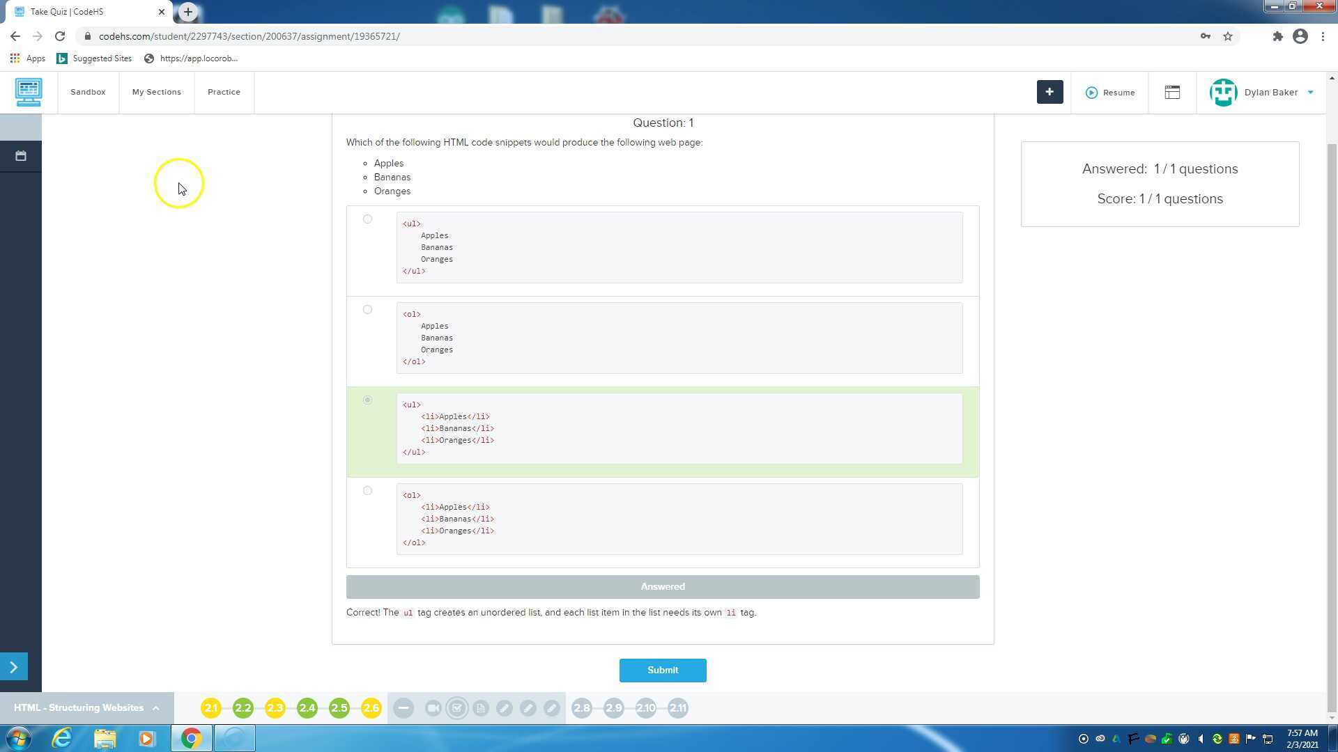 Web Design: CodeHS - 2.7.4 lists - Class Planning