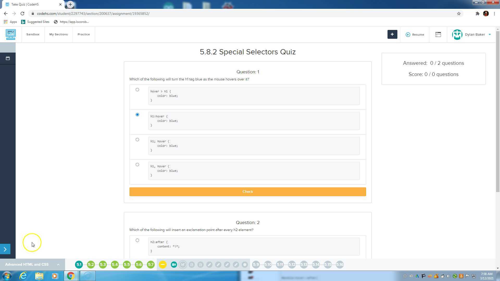 Web Design: CodeHS: Unit 5 Lesson 8 Special Selectors 5.8.2-5.8.7