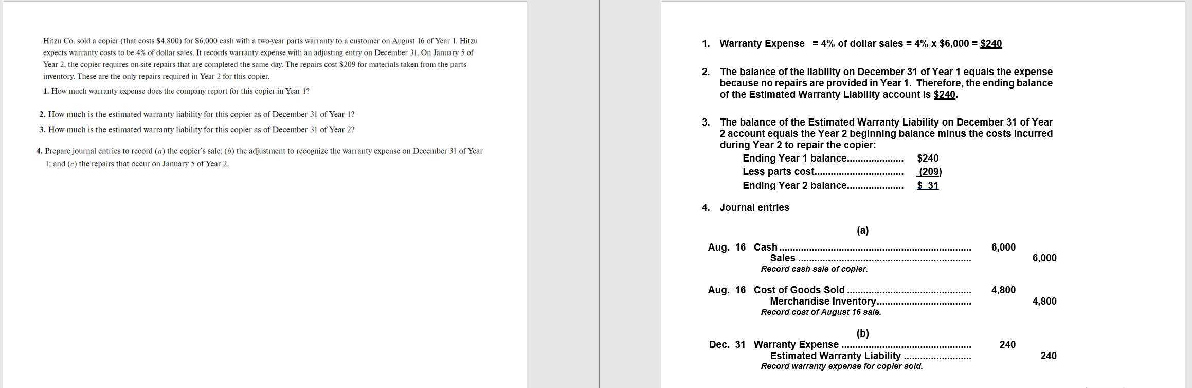 Warranty expense and liability computations and entries