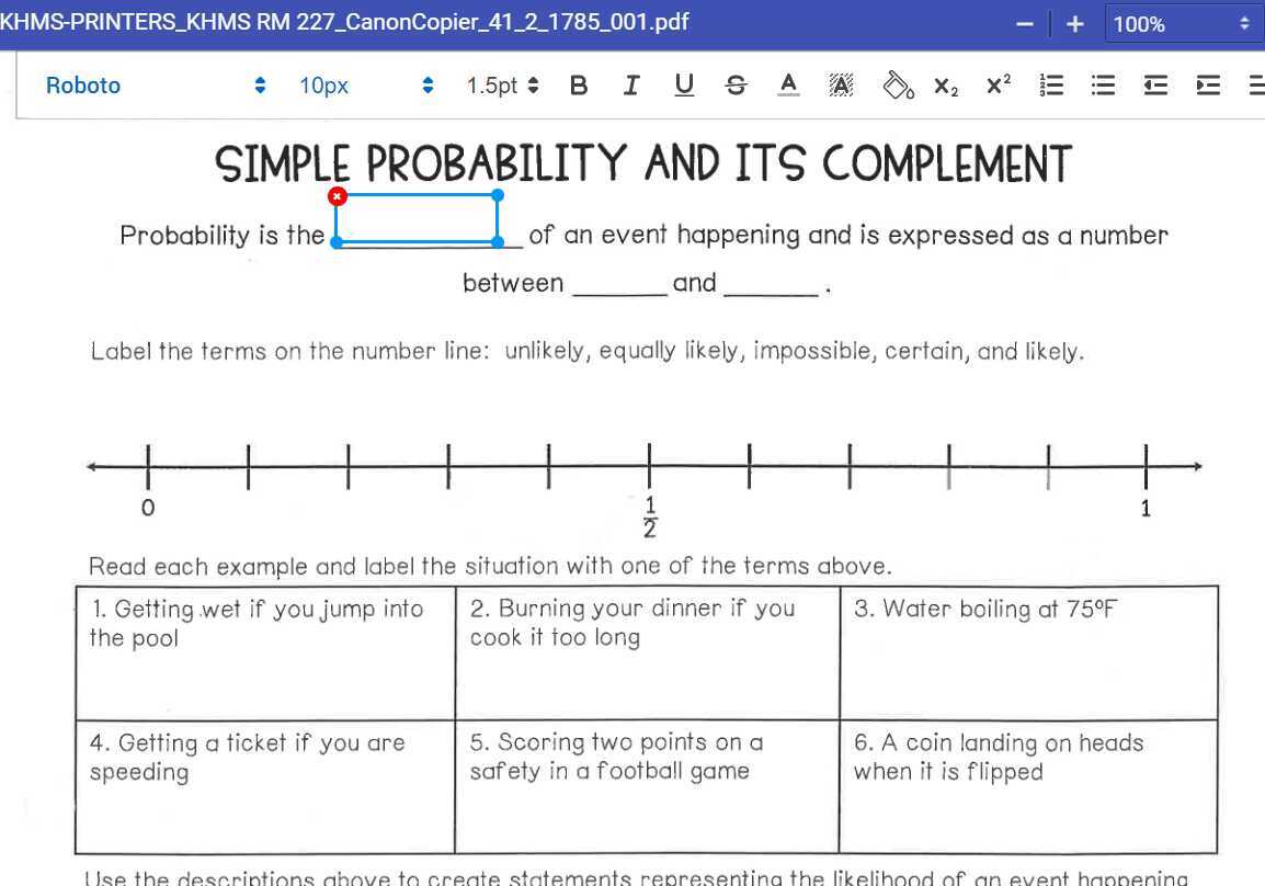 simple probability and its complement homework 1 answer key