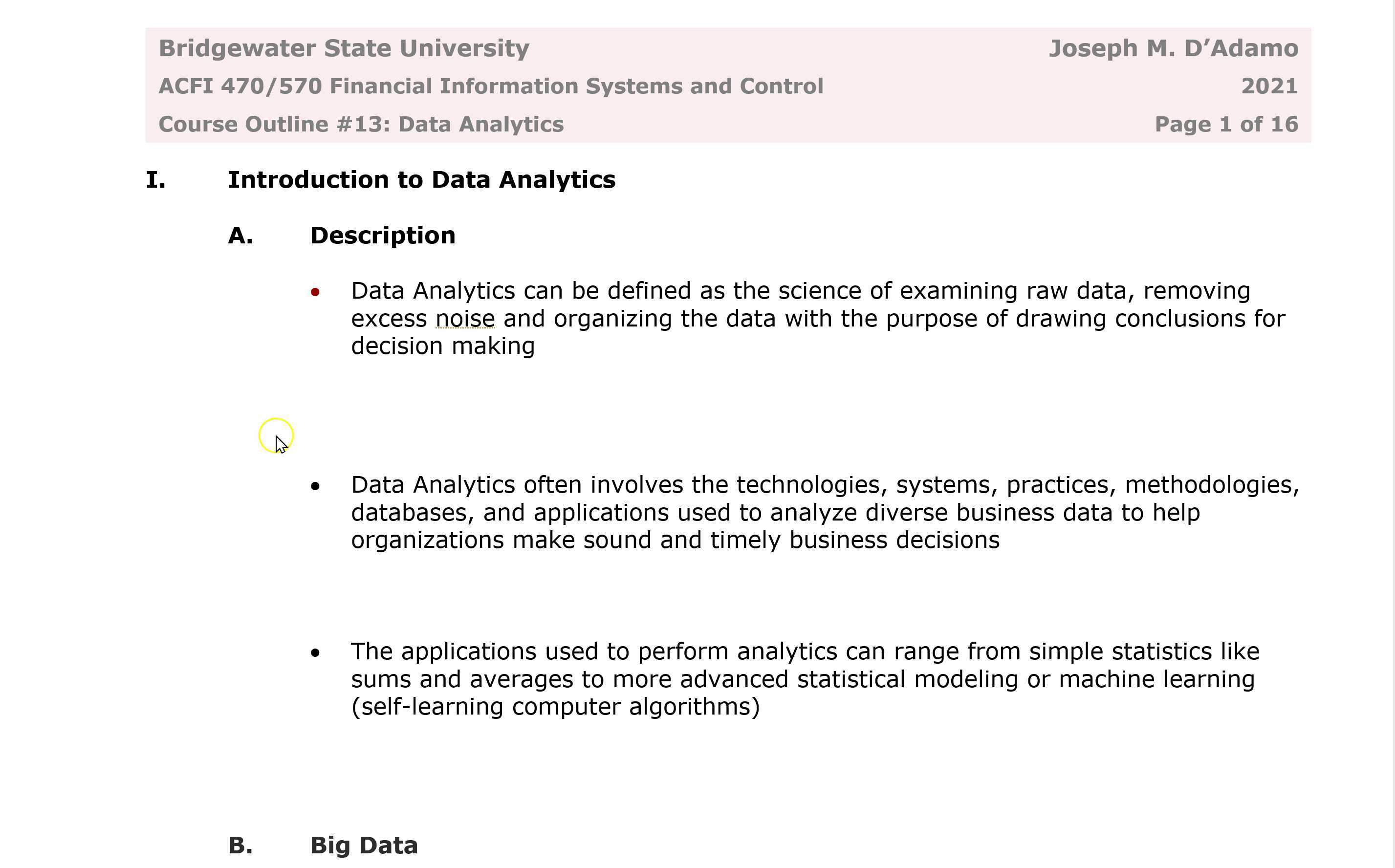 Introduction to Data Analytics - Big Data