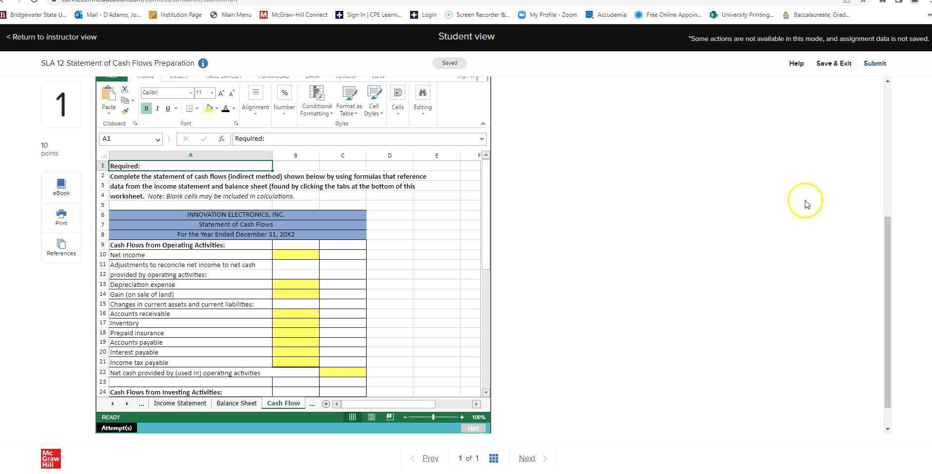 SLA 12 - Using Excel to Prepare the Statement of Cash Flows