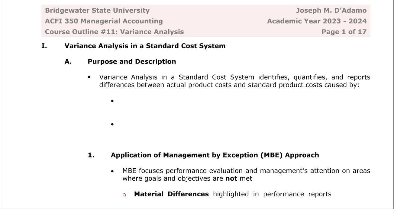 Variance Analysis in a Standard Cost System