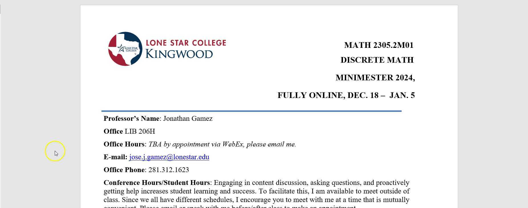 Syllabus Video Math 2305 2M01