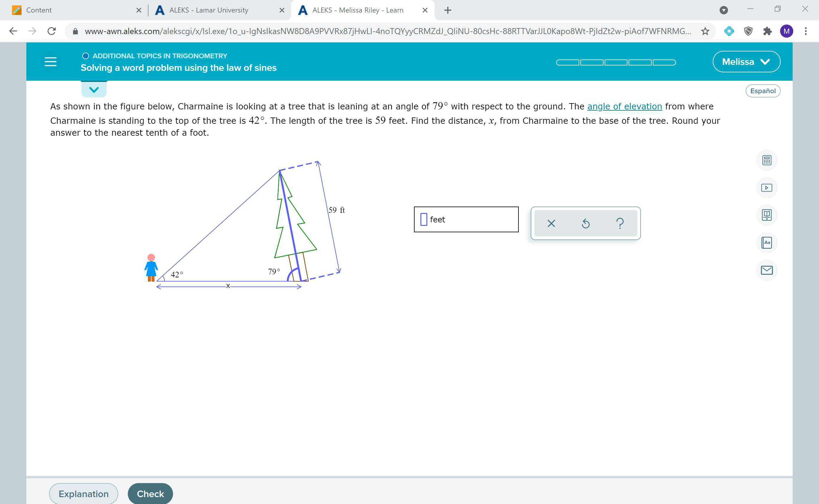 6 2 Solving A Word Problem Using The Law Of Sines ALEKS MATH2312Sum2 21 6 2 solving a word problem using the law of sines aleks math2312sum2 21