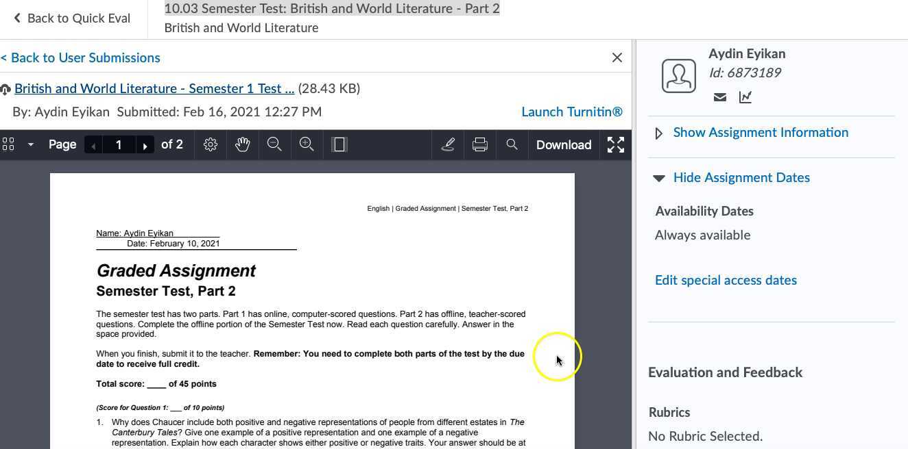 AE 10:03 Semester Test: British and World Literature-Part 2