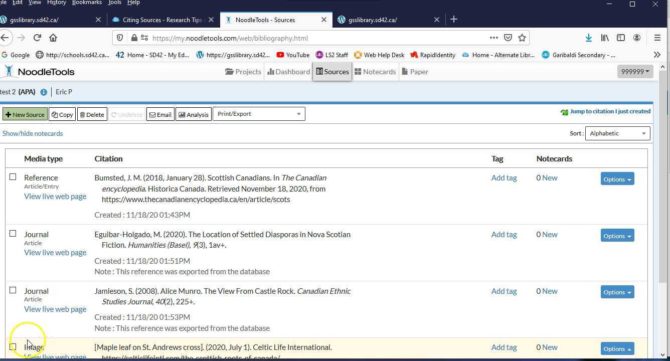 Formatting an APA Reference page in Noodle Tools