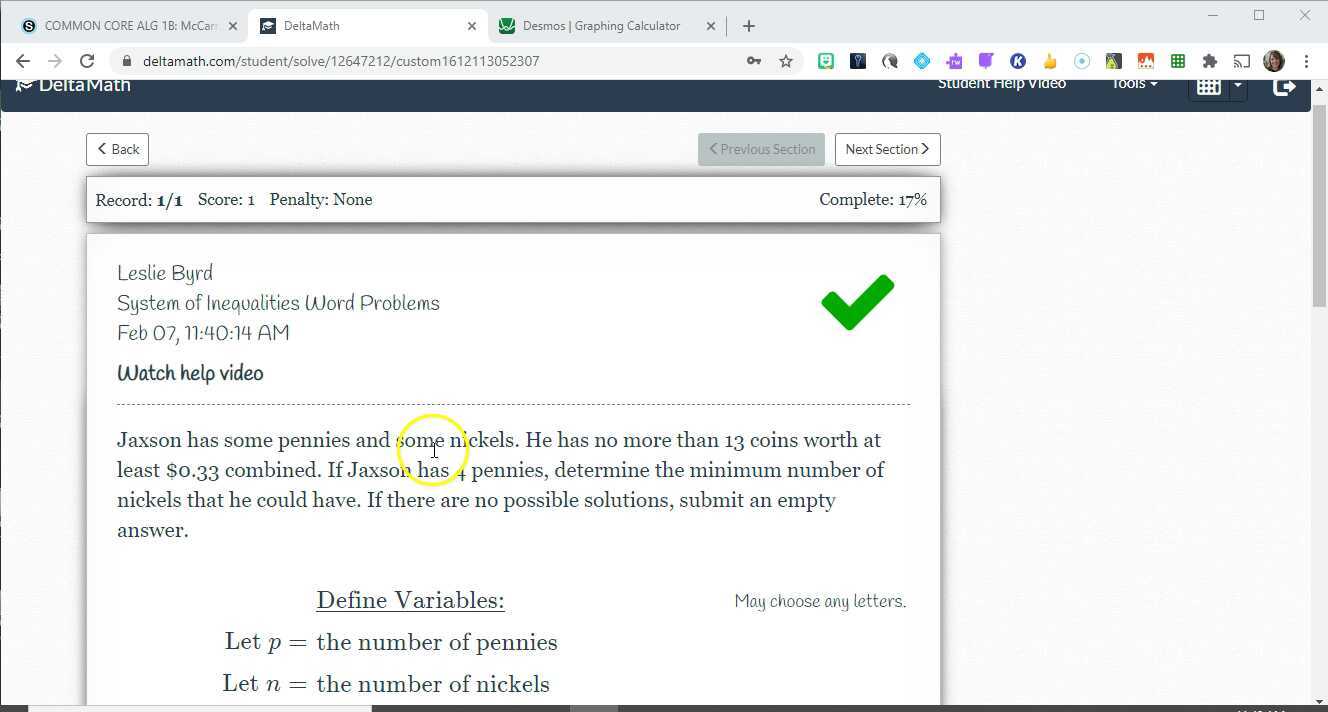 Delta Math Example 1B System Of Inequalities Word Problems