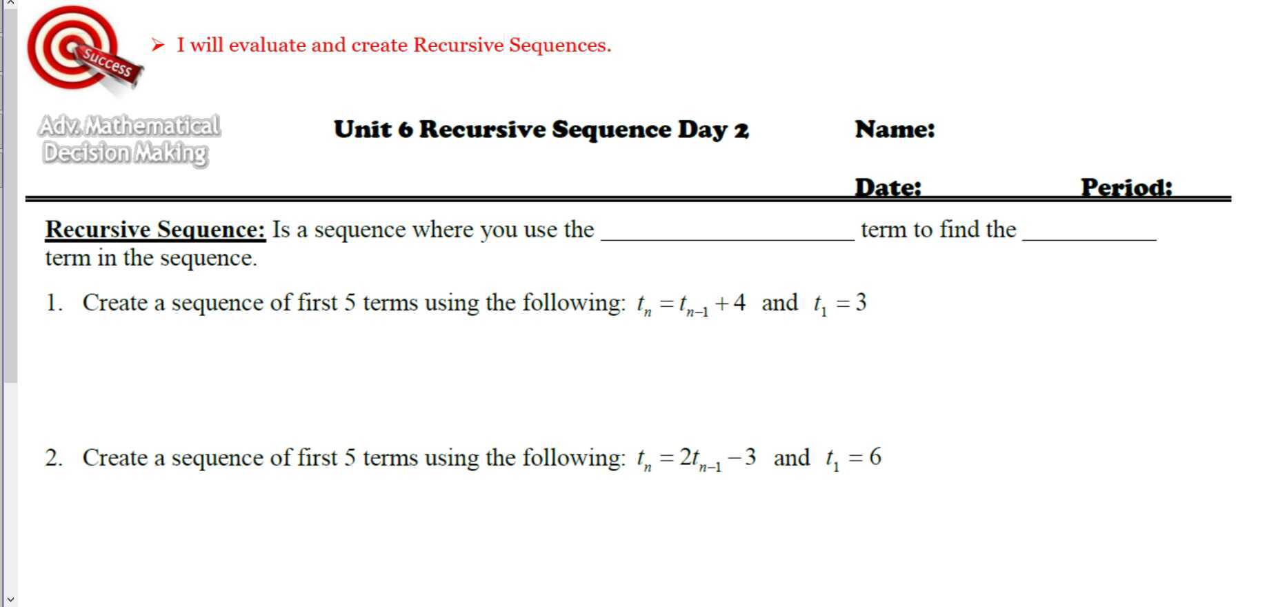 6.2 Recursive Sequences Recorded Notes