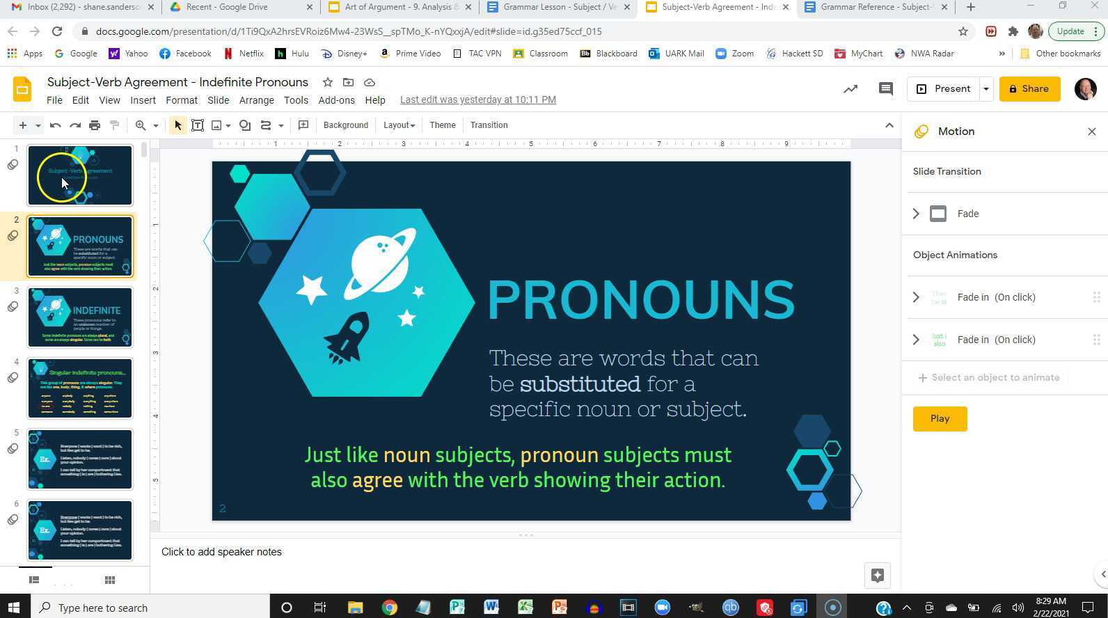 Grammar Lesson - Subject-Verb Agreement with Indefinite Pronouns