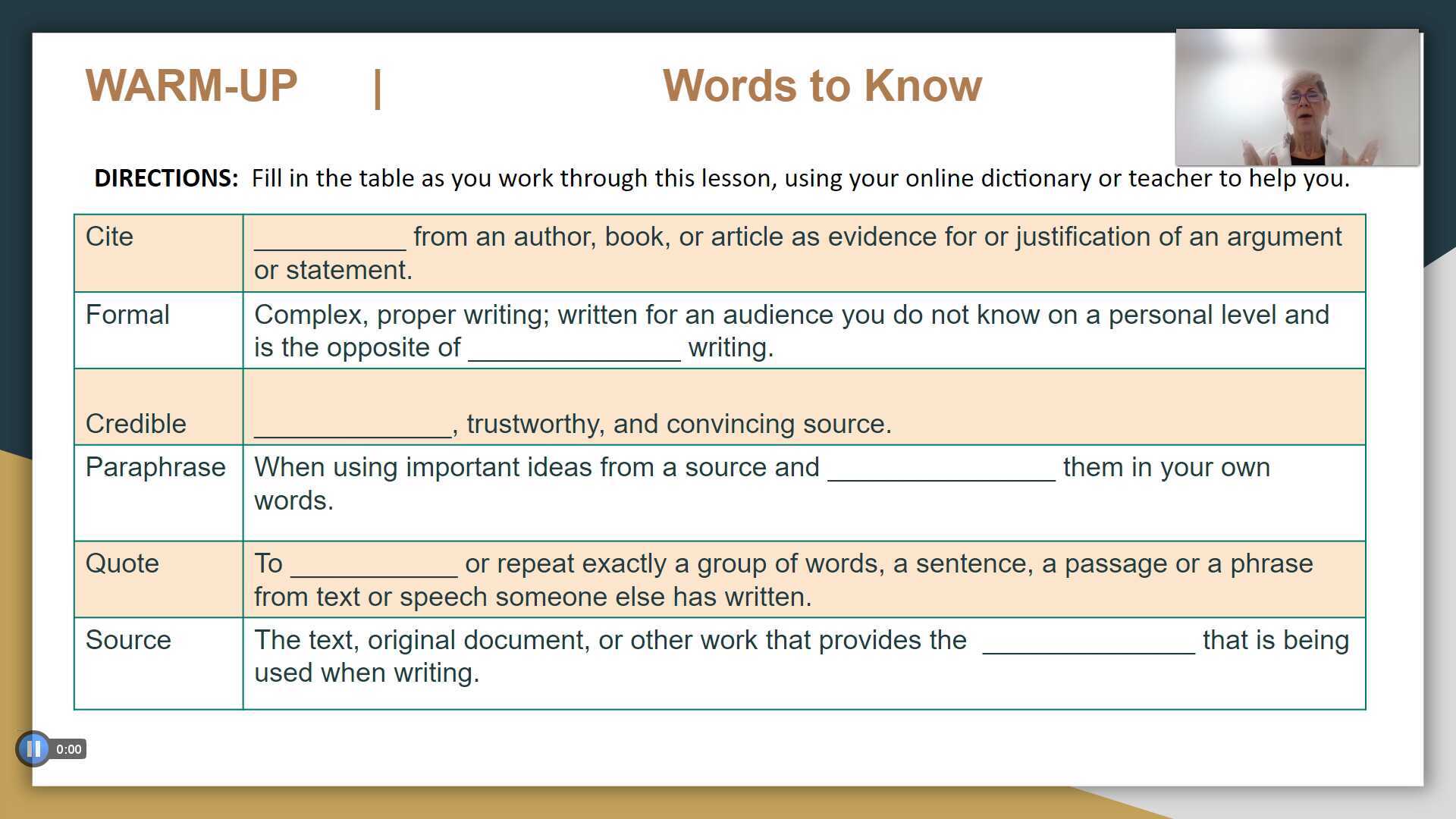 Slide 3 (Warmup) Writing RST EssayWords to Know Answers