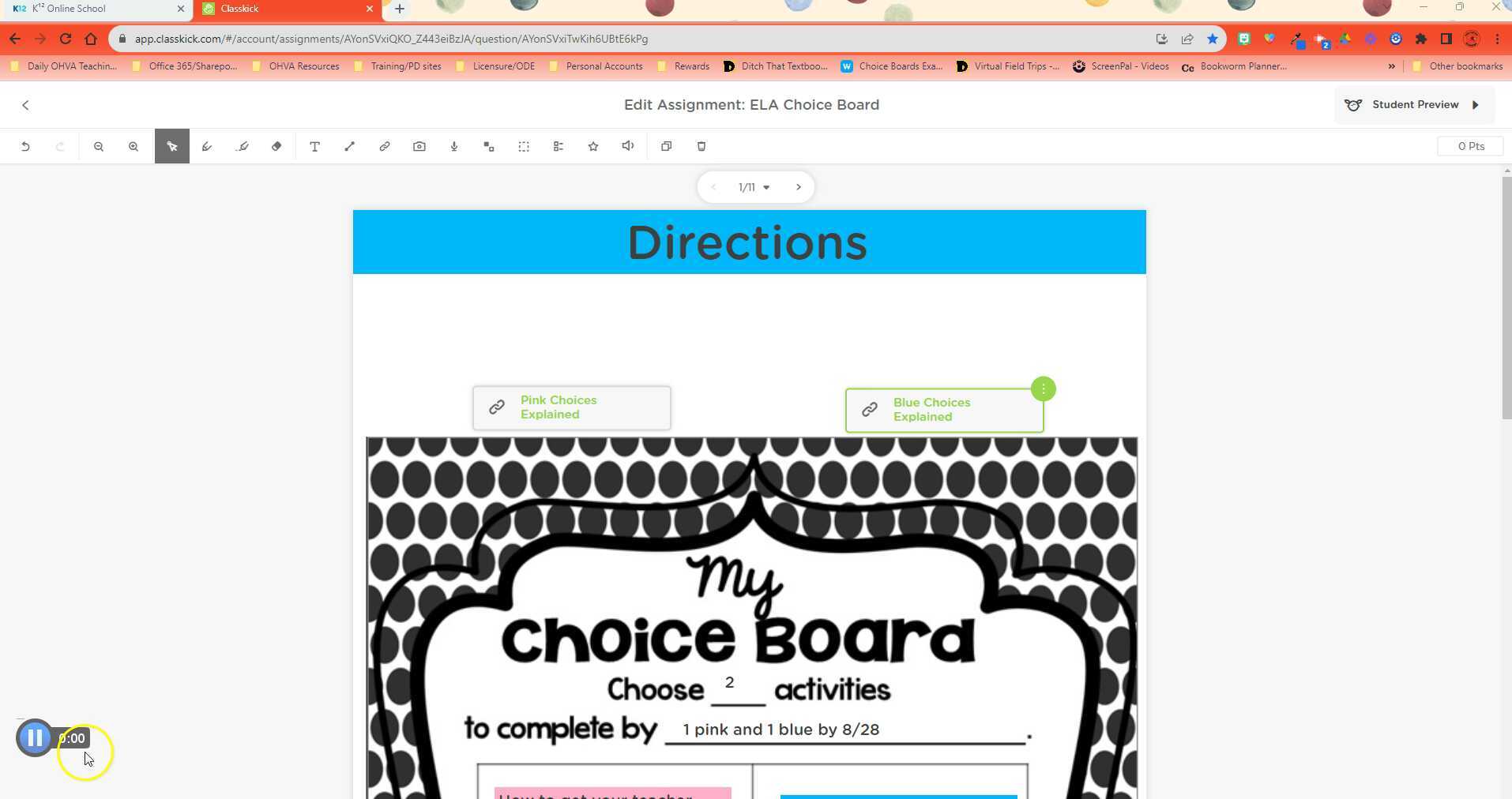 ELA Choice Board directions