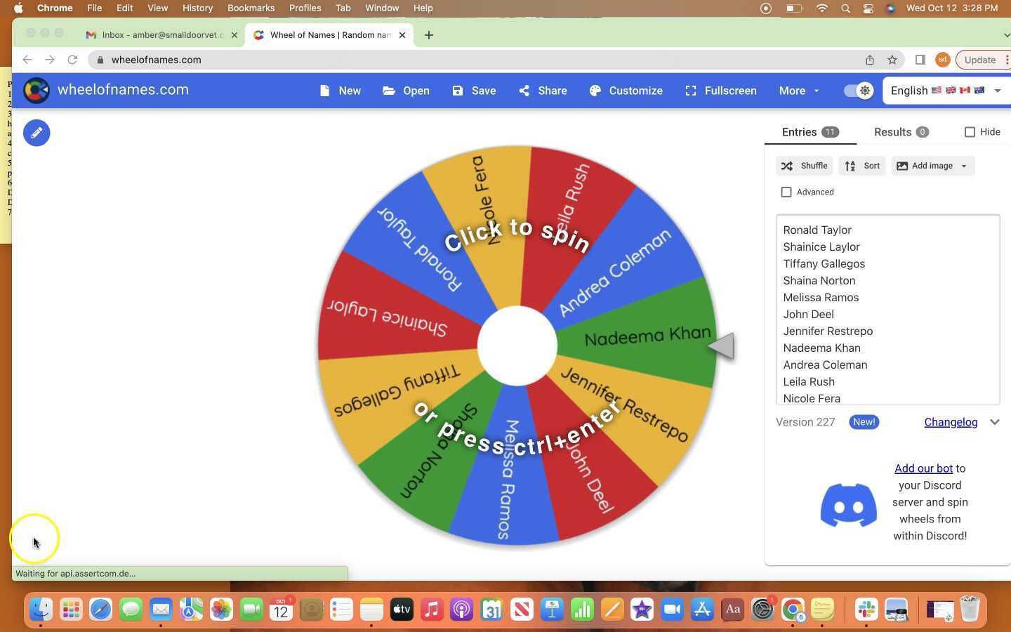 Wheel of Names Spin Vet Tech Week