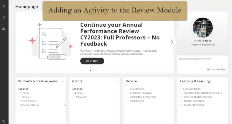 Adding Activities to the Evaluation and Review Module for Purdue Pete